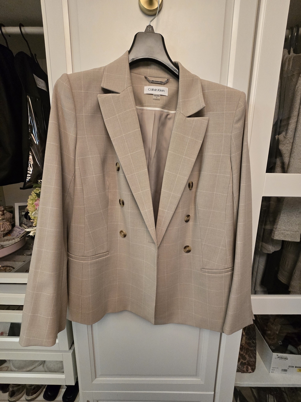 Calvin Klein Women's Double-Breasted Windowpane Blazer in Beige